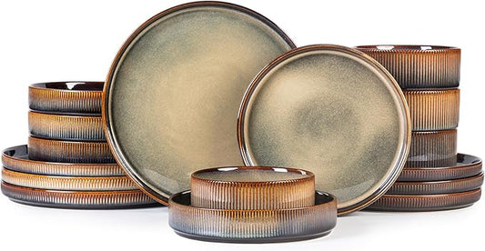 TheTerra Ceramic Dinnerware Sets with Pasta Bowls for 4, 16 Pieces Porcelain Lightweight Plates and Bowls Sets, Scratch Resistant Dish Set, Oven & Microwave & Dishwasher Safe, Coca Mocha