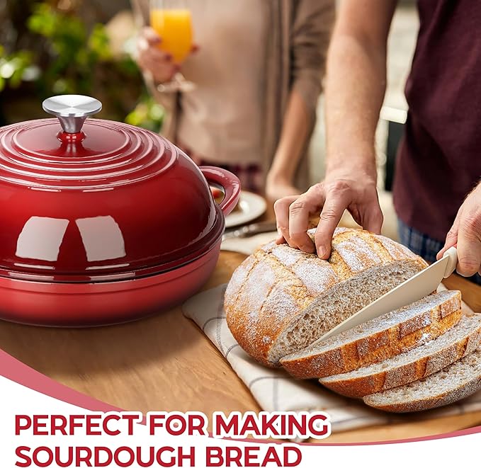 E-far Dutch Oven for Sourdough Bread Baking, 6 Qt Round Enameled Cast Iron Dutch Oven for Homemade Artisan Bread, Dome Lid & Shallow Base, Matte Black Interior & Durable, Oven-Safe to 500?? Red