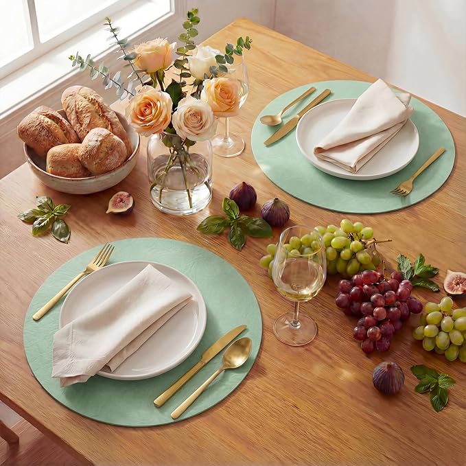 Artoid Mode Sage Faux Leather Placemats Set of 4, 15 Inch Waterproof Wipeable Heat Resistant Place Mats, Reversible Table Mats for Spring Kitchen Dining Decor
