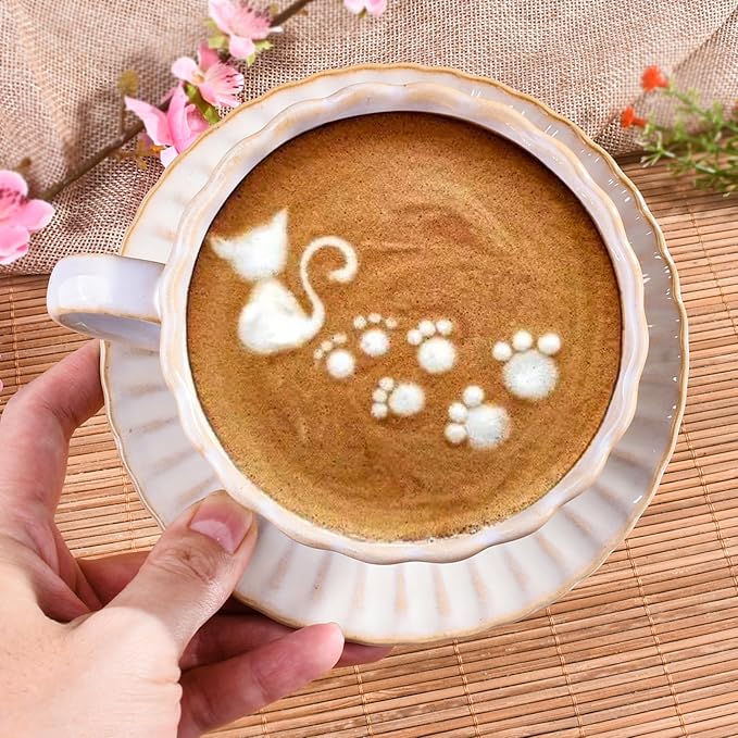 Ceramic Floral Coffee Mug with Saucer Set with Spoon- Vintage Glazed Tea Cup and Coaster for Cafe/Home/Office,White, Petal-Shape Design