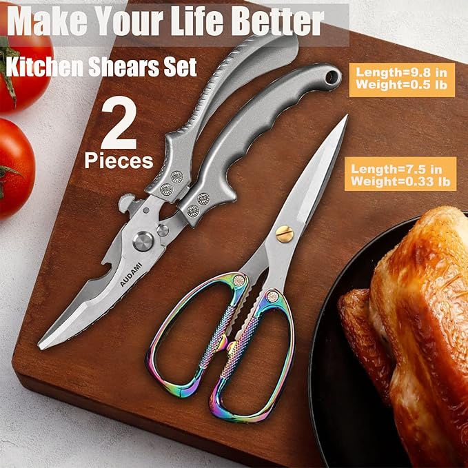 AUDAMI 2-Piece Kitchen Shears Set, Heavy Duty Professional Poultry Meat Scissors,Multi-Purpose Stainless Steel, Dishwasher Safe