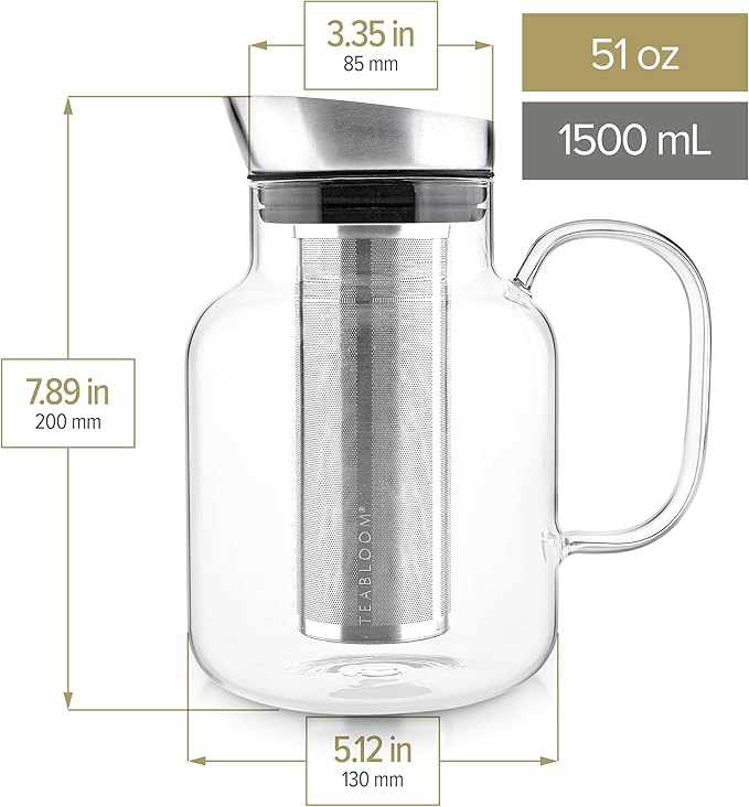 Teabloom 100% Plastic-Free Large Multi-Brew Borosilicate Glass Teapot + Kettle + Pitcher ??Steep and Serve Hot Tea, Iced Tea, Cold Brew Tea and Fruit Infused Water ??Legacy Tea Maker