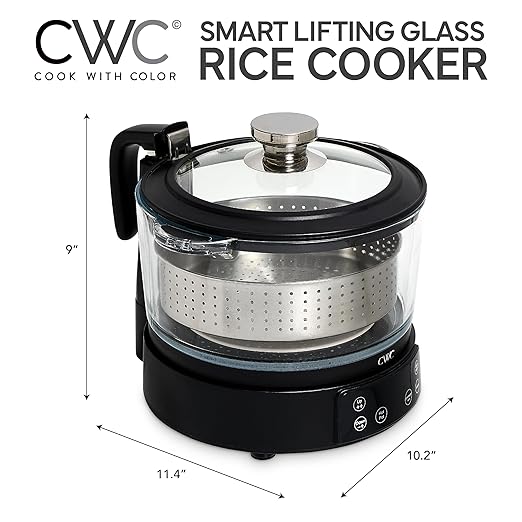 COOK WITH COLOR 3L Glass Mini Low Carb Rice Cooker ??Holds 2 Cups Raw/Makes 6 Cups Cooked with Auto Lift Filter Basket, Hotpot & Steamer for Rice, Grains, Digital Panel with Keep Warm, Black