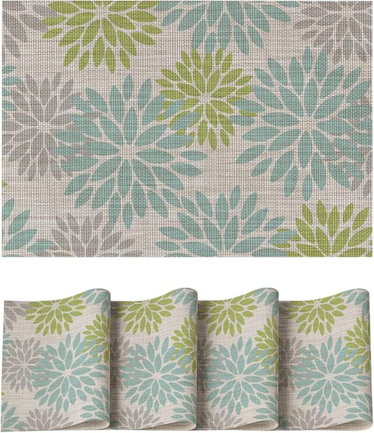 Artoid Mode Floral Vinyl Placemats Set of 4, Heat Resistant Washable Non-Slip Plistic PVC Place Mats for Party Kitchen Dining Decor, Sage