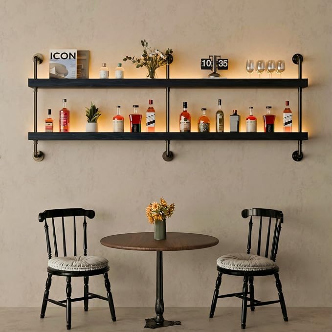 Wall Mounted Wine Rack with LED Light, LED Industrial Pipe Liquor Bar Shelves, 2-Tier Rustic Hanging Organizer for Wine Bottle Storage in Kitchen, Bar, Pub, Cellar(Black, 60 Inch)