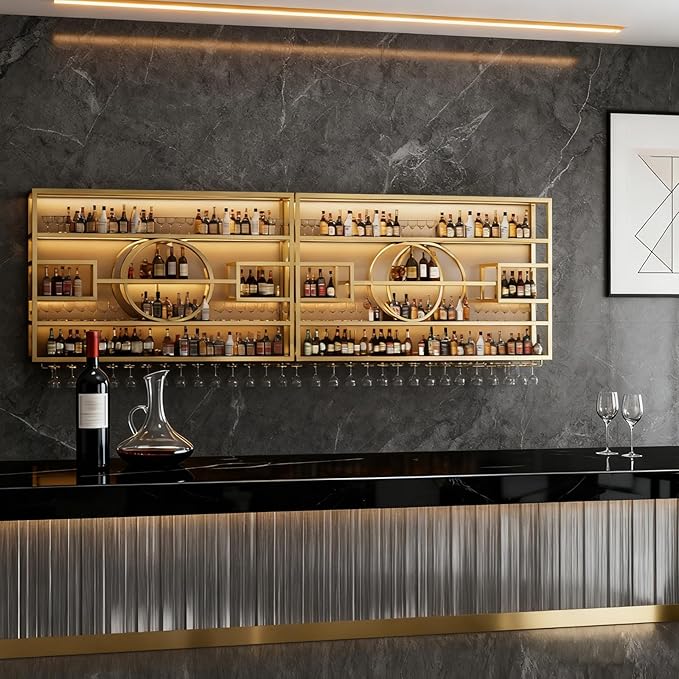 Wall Mounted Wine Rack, Modern Industrial Hanging liquor Bottles Shelves With Wine Glass Holder, Metal Floating Wine Storage Display Shelf, for Bar, Kitchen, Wine Cellar (Gold, 280cm/110.2in)