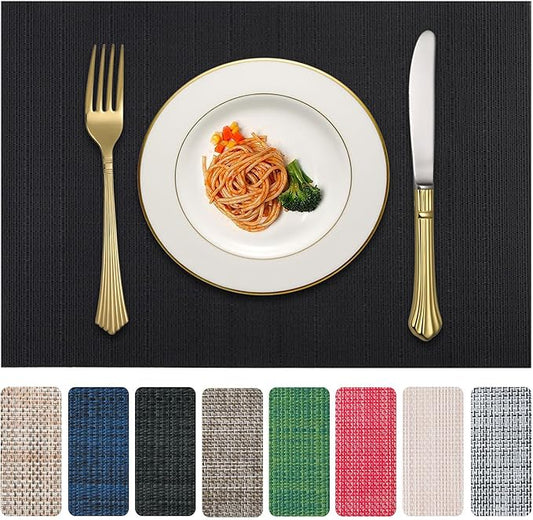 LANDVIEW Vinyl Placemats Set of 8, PVC Woven Washable Non-Slip Table Mats, Heat Resistant Wrinkle Free Place Mats for Dining Table, Easy to Clean (8, Black)