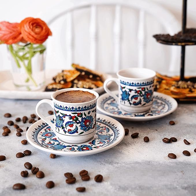 Turkish Coffee Cup Set of 2 with Saucers & Holder ??Ceramic, Dishwasher-Safe, Keeps Warm ??Patterned Turkish Espresso Cups Set for Home & Office (Standart, 2, Count)