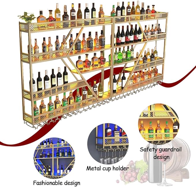 Wall Mounted Wine Rack, Large Metal Wine Bottle Holder, Modern Fashion Diamond Shaped Floating Bar Unit Wine Storage Shelves, for Home Restaurant Bars Decor (Gold, 4 Tier - 79in)