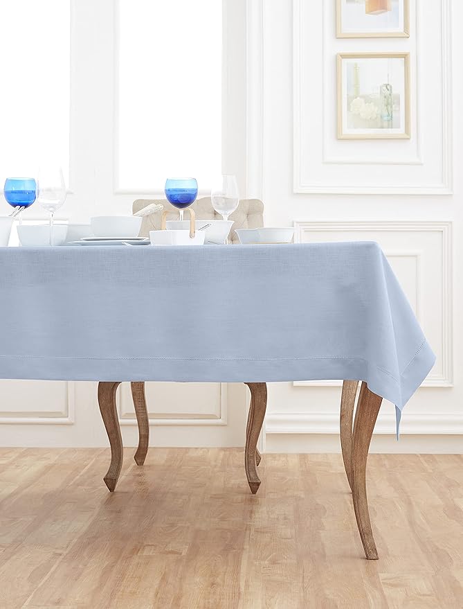 Solino Home Linen Tablecloth 60 x 144 Inch - Classic Hemstitch 100% Pure Linen Sky Blue Table Cloth for Rectangle Tables - Machine Washable Tablecloth for Spring, Easter