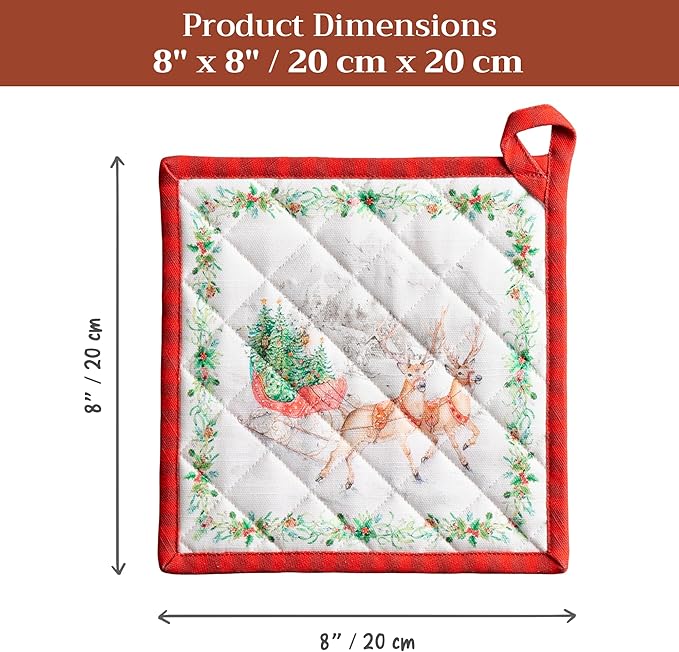 Maison d' Hermine Pot Holders 100% Cotton Heat Resistant Potholders 8" x 8" Hot Pads with Loop for Thanksgiving Christmas Decorations BBQ Cooking Handling Hot Pans (Pack of 1, Christmas Tradition)