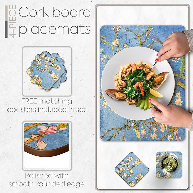 Moderry Set of 4 Heat Resistant Cork Placemats for Dining Table with Free Set of 4 Matching Drink Coasters Van Gough Blue Botanical Design 16 x 12 Inches Cork Backed Hard Placemats (Almond Blossoms)