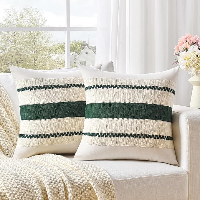 Fancy Homi Set of 2 Dark Green Boho Decorative Throw Pillow Covers 16x16 Inch for Couch Bed Sofa Bedroom Indoors, Modern Farmhouse Vintage Forest Green Living Room Decor
