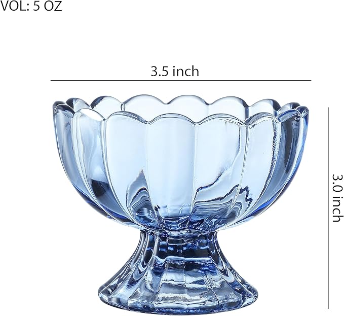 KMwares 6PCs Set 5oz Small Cute Footed Tulip Glass Dessert Bowls/Cups - Perfect for Dessert, Sundae, Ice Cream, Fruit, Salad, Snack, Cocktail, Condiment, Trifle and Christmas Holiday Party (Blue)