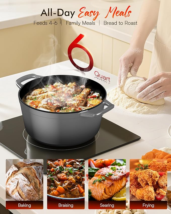 Nuwave 6QT Healthy Enameled Cast Iron Dutch Oven Pot with Lid, Heavy Duty 7-Layer Enamel, Enhanced Rust Protection, Dual Handles, Oven Safe to 500째F for Sourdough Bread Baking, Braise, Stew, Roast