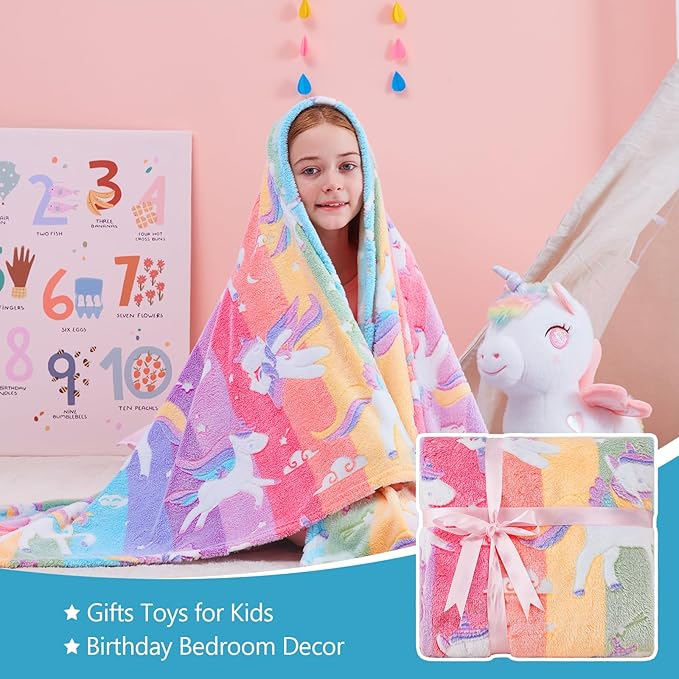 QSTEHEML Unicorns Glow in The Dark Blanket for Girls,Unicorn Gifts for Girls Age 3 4 5 6 7 8 9 10 11 12 Year Old, Soft Unicorns Rainbow Blanket - Christmas Birthday Bedroom Decor 50"횞60"