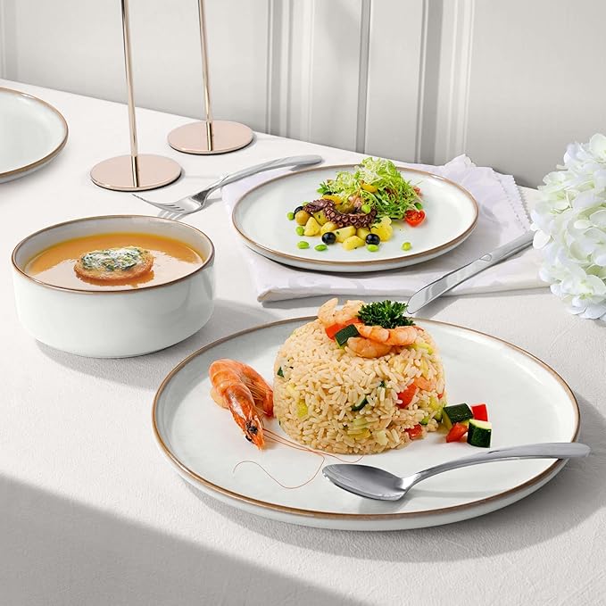 Herogo 16-Piece Dinnerware Set for 4, Ceramic Plates & Bowls Sets with Pasta Bowls, Double Reactive Glaze, Microwave & Dishwasher Safe, Chip Resistant, Ivory White