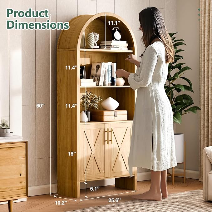 Arch Storage Cabinet with Beech-Wooden Door, 60??Arched Display Floor Cabinet, 4 Tier Farmhouse Buffet Cabinets with Storage for Dining Room, Living Room, Home Office or Kitchen (Oak)