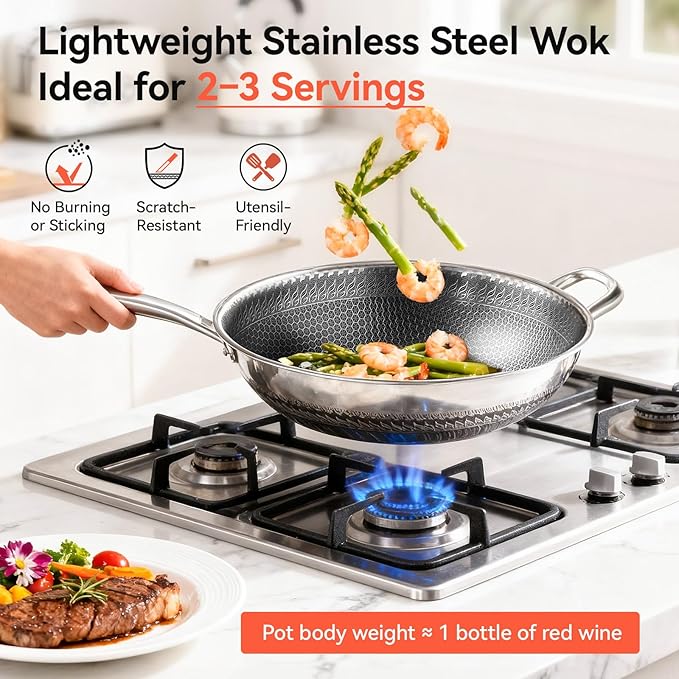 WANGYUANJI Upgraded Coating-Free 12.6" Stainless Steel Wok with Lid ??Enhanced Multi-Layer Steel, Flat-Bottom Stir-Fry Pan, Honeycomb Surface, Induction & Oven Safe