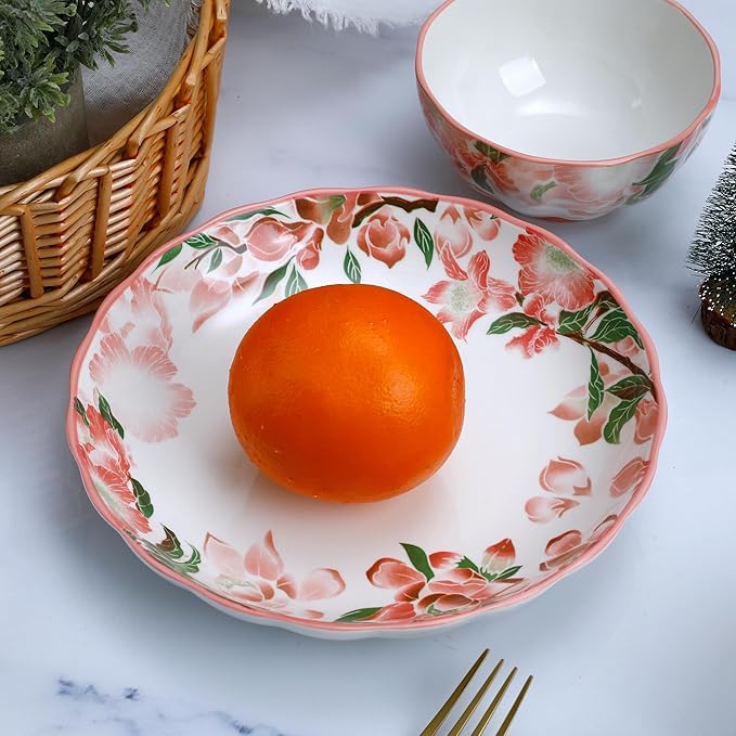 Premium Green Floral Porcelain Dinnerware Set of 2, 10-Piece Plates & Bowls for Family, Microwave & Dishwasher Safe, Luxury Gift Box Packaging