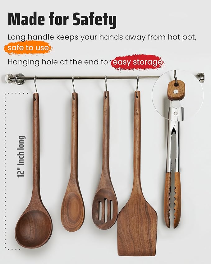 Elegant 5-Piece Walnut Wood Kitchen Utensil Set ??Non-Scratch, Heat-Resistant Cooking Utensil Set with Kitchen Tongs, Spoons, Spatula & Ladle ??Lightweight, Durable & Perfect for Daily Use or Gifting