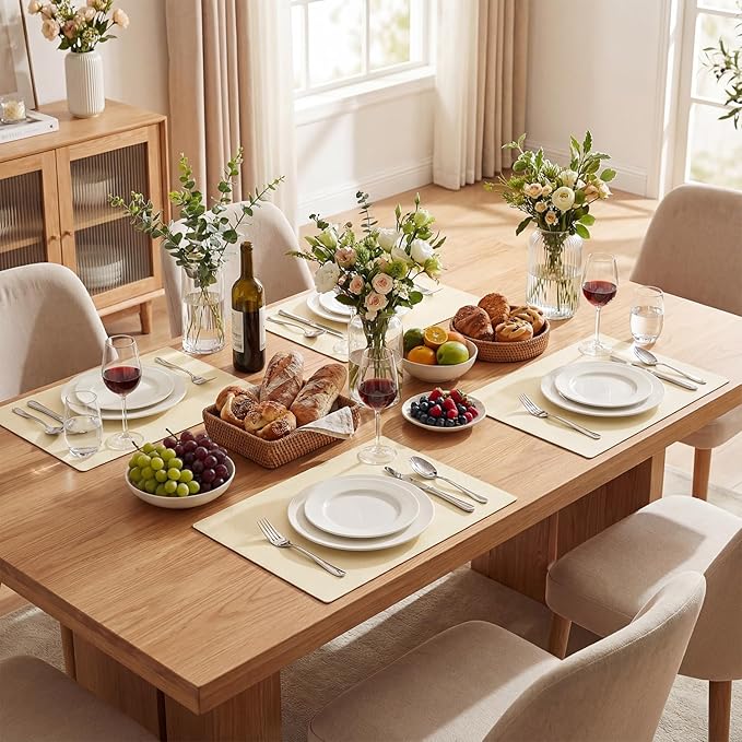 Artoid Mode Beige Faux Leather Placemats Set of 4, 12x18 Inch Waterproof Wipeable Heat Resistant Place Mats, Reversible Table Mats for Kitchen Dining Decor