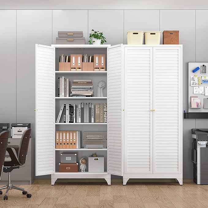 75" Tall Metal Pantry Cabinet, White Storage Cabinet with Doors and Shelves, Metal Cabinet for Kitchen, Dining Room, Living Room and Bathroom