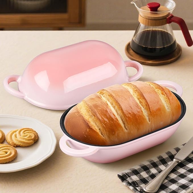 Homikit Enameled Cast Iron Dutch Oven for Bread Baking, 2.8 QT Oval Bread Oven Pot with Lid, Cast Iron Dutch Oven Loaf Sourdough Pan for Roasting Cooking, Pink & Heavy Duty