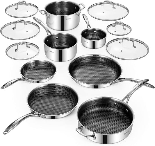 Deluxe 13 Piece Hybrid Ceramic Nonstick Stainless Steel Cookware Set-5 Piece Frying Pan Set, 6 PC Pot Set, 3.7QT Deep Saut챕 Pan&Lid, Induction Ready, Stay Cool, PFOA Free Compatible with All Cooktops