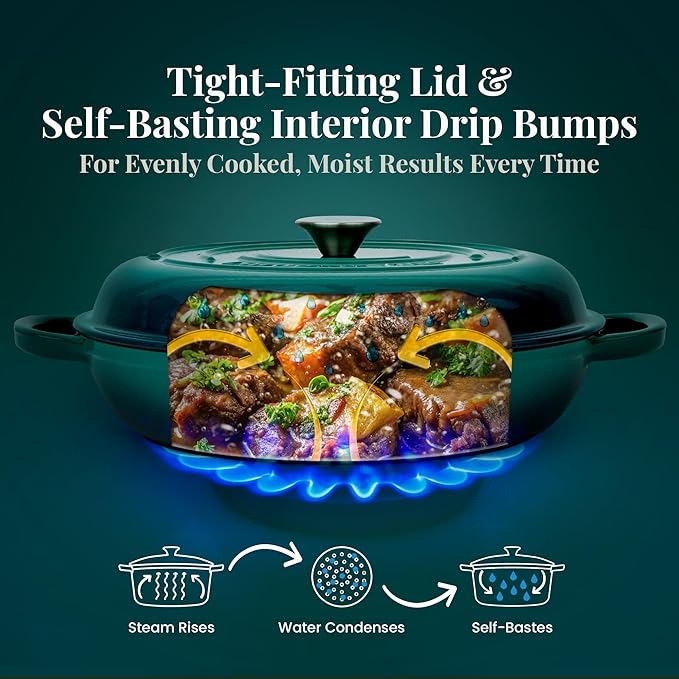 Larder & Vine Enameled Cast Iron Braiser | 3.6 qt Braiser Pan with Lid | Shallow Dutch Oven Compatible on All Cooktops | Casserole Dish Oven Safe to 500째 F | Dual Handles | Bondi