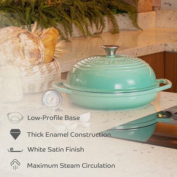 Enameled Cast Iron Bread Pan with Lid 11??Green Bread Oven Cast Iron Sourdough Baking Pan, Dutch Oven for Bread, No Seasoning Needed-Segretto Cookware