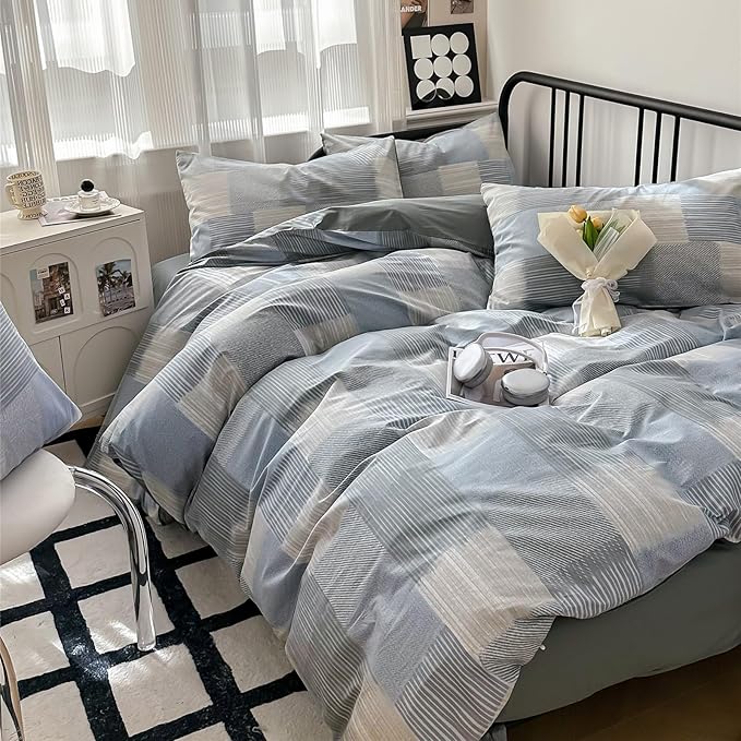 Farmhouse Twin XL Geometric Patchwork Comforter Set with Fluffy Plaid Striped Comforter and 2 Pillowcases for All Season Bedding