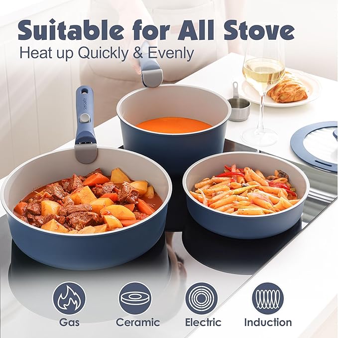 SENSARTE 24 Piece Ceramic Pots and Pans Set, Nonstick Detachable Handle Cookware, Induction Kitchen Cookware Set with Removable Handle, Healthy Non Stick for RV, Dishwasher竊냀ven Safe, PFOA Free (Navy)