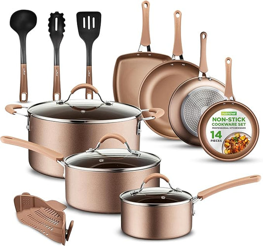 NutriChef 14-Piece Pots and Pans Set Non Stick ??Induction Cookware Set, PFAS-Free Nonstick Cookware for All Cooktops, Includes Kitchen Utensils