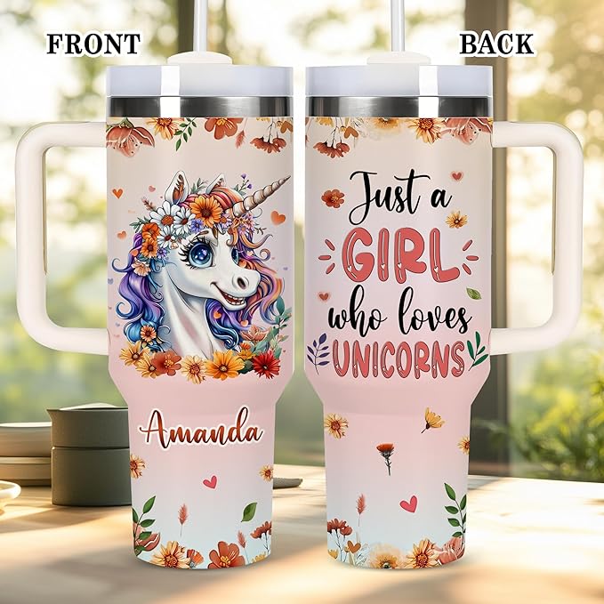AGGLOMEKC Personalized Cute Unicorn Cup - Mother's Day Birthday Gift For Animal Lovers - Just A Girl Who Loves Unicorn Tumbler 40oz With Custom Name - Pet Lover Gifts For Women, Her