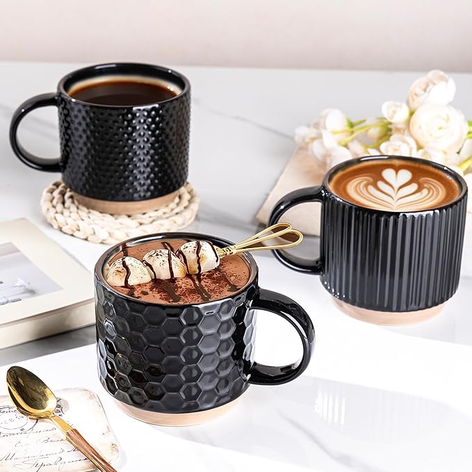 GBhome 15OZ Stackable Coffee Mugs, Ceramic Coffee Mugs with Texture Patterns for Man,Woman,Dad,Mom, Modern Coffee Cups Set of 4 for Latte/Cappuccino/Cocoa. Dishwasher&Microwave Safe竊똁lack