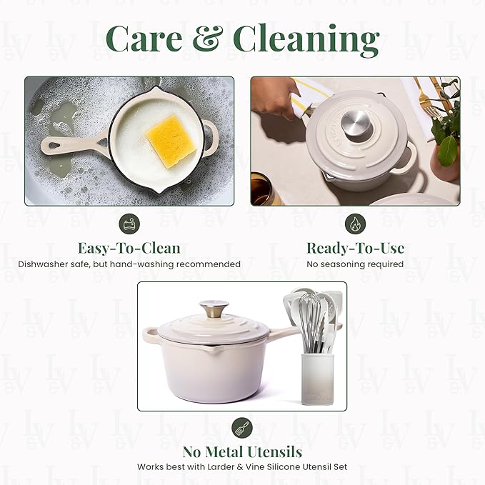 Larder & Vine Enameled Cast Iron Saucepan | 2.2 qt Sauce Pan with Lid | Saucepan with Pour Spouts | Enameled Cast Iron Pot Compatible on All Cooktops & Oven Safe to 500째 F | Stone