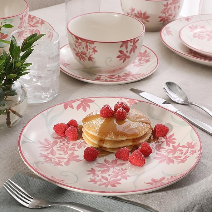 Gibson Home Admiral Hall 12-Piece Matte Stoneware Dinnerware Set ??Dinner Plates, Salad Plates & Bowls with Pink Floral Pattern, Durable Everyday Dish Set, Microwave & Dishwasher Safe