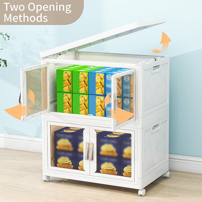 Large Clear Stackable Storage Bins with Lids, 90QT-45QT*2Tier Foldable Cabinet for Closet Organizers, Plastic Storage Box with Wheels White