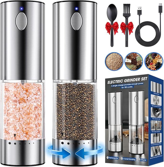 HomeHacks Upgraded Larger Capacity Electric Salt and Pepper Grinder Set, Rechargeable Type-C with LED Light, Stainless Steel Automatic & 6 Adjustable Coarseness, Ideal for Housewarming/Christmas Gifts