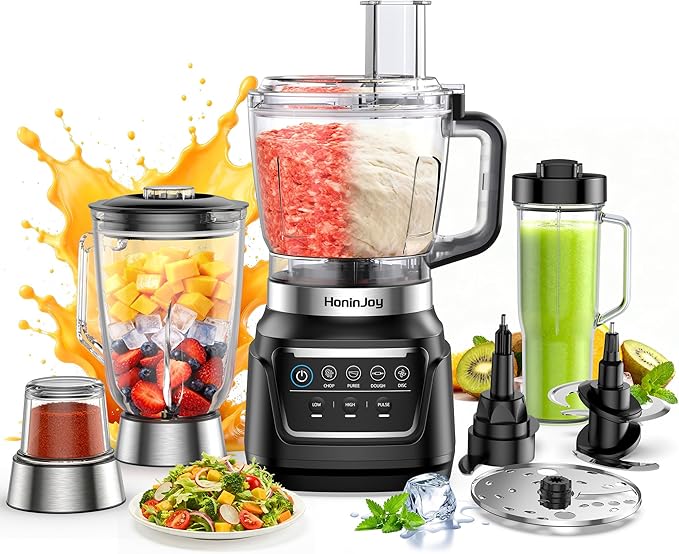 HoninJoy All-in-One Blender & Food Processor, 10-in-1 Professional Blender for Smoothies, Ice Crushing, Dough Making, Chopping, Grinding, Slicing & Shredding, Dishwasher Safe for Kitchen & Home Use
