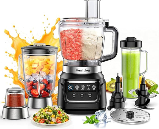 HoninJoy All-in-One Blender & Food Processor, 10-in-1 Professional Blender for Smoothies, Ice Crushing, Dough Making, Chopping, Grinding, Slicing & Shredding, Dishwasher Safe for Kitchen & Home Use