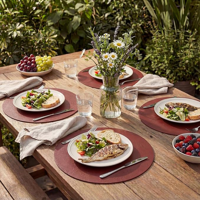 Artoid Mode Red Faux Leather Placemats Set of 4, 15 Inch Waterproof Wipeable Heat Resistant Place Mats, Reversible Table Mats for Christmas Kitchen Dining Decor