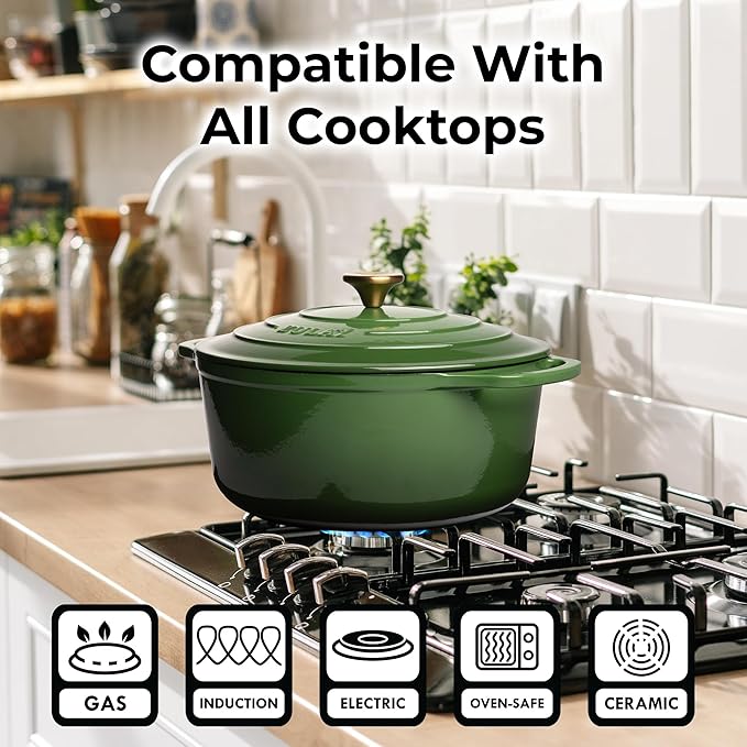 Zulay Kitchen 7.7 Quart Enameled Cast Iron Dutch Oven Pot with Lid ??Premium Durability & Oven Safe up to 500째F ??Heavy Duty Cookware Perfect for Bread Baking, Stews, Braising & Roasting ??Green