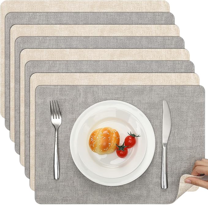 Myir JUN Reversible Vinyl Placemats Set of 8, Faux Leather Place Mats Dual Sided Waterproof Wipeable, Heat-Resistant Table Mats for Kitchen Dining Indoor Outdoor (12" x 17", Light Gray Cream-White)