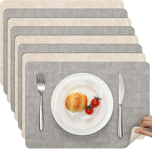 Myir JUN Reversible Vinyl Placemats Set of 8, Faux Leather Place Mats Dual Sided Waterproof Wipeable, Heat-Resistant Table Mats for Kitchen Dining Indoor Outdoor (12" x 17", Light Gray Cream-White)