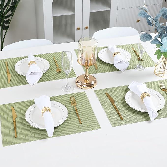 Green Placemats Set of 6 Washable Place Mats PVC Vinyl Woven Table Mats for Dining Table Durable Heat Resistant Non-Slip Size 12 x 17 Inch