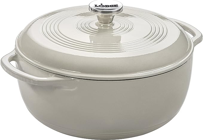 Lodge 6 Quart Enameled Cast Iron Dutch Oven with Lid ??Dual Handles, Oven Safe up to 500째F, Stovetop Compatible ??Marinate, Cook, Bake, Refrigerate & Serve ??Oyster White