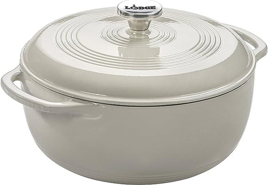 Lodge 6 Quart Enameled Cast Iron Dutch Oven with Lid ??Dual Handles, Oven Safe up to 500째F, Stovetop Compatible ??Marinate, Cook, Bake, Refrigerate & Serve ??Oyster White
