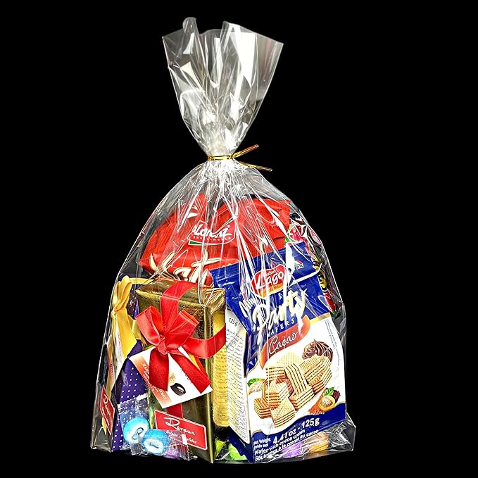 PigPotParty Cellophane Bags 12"x16", 50 Pack Clear Gift Bags, Bottom Gusset for Stand-Up Display, Medium Plastic Cellophane Gift Wrap, Ideal for Large Goodies, Treats, Favors, Mugs, Includes 50 Ties